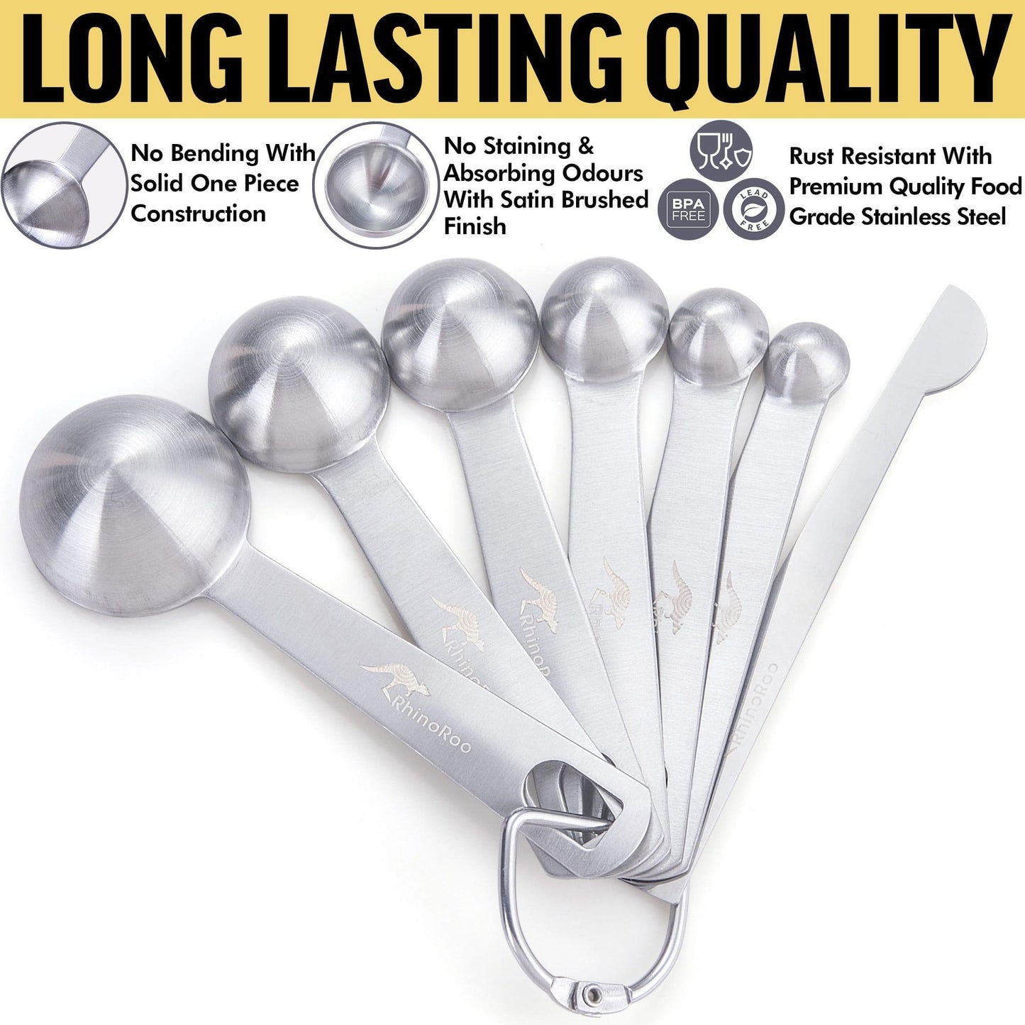 Standard 15ml Tablespoon to 1/8 Teaspoon Stainless Steel Measuring Spoons Set with Leveller - RhinoRoo