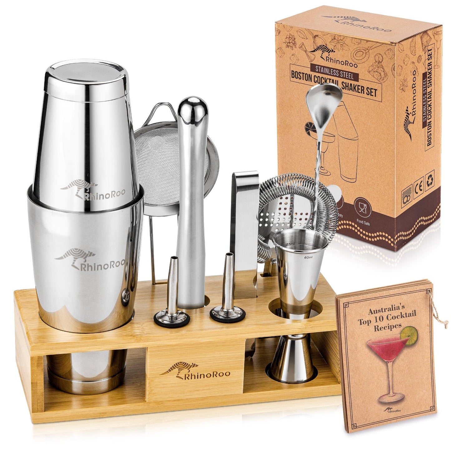 Boston Stainless Steel Cocktail Shaker Set with Bamboo Display Stand and Australian Recipe Cards - RhinoRoo