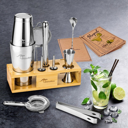 Boston Stainless Steel Cocktail Shaker Set with Bamboo Display Stand and Australian Recipe Cards - RhinoRoo