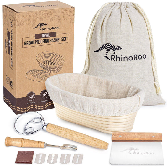 Oval Bread Proofing Basket Kit with Handmade Indonesian Rattan Banneton Basket and Tools - RhinoRoo