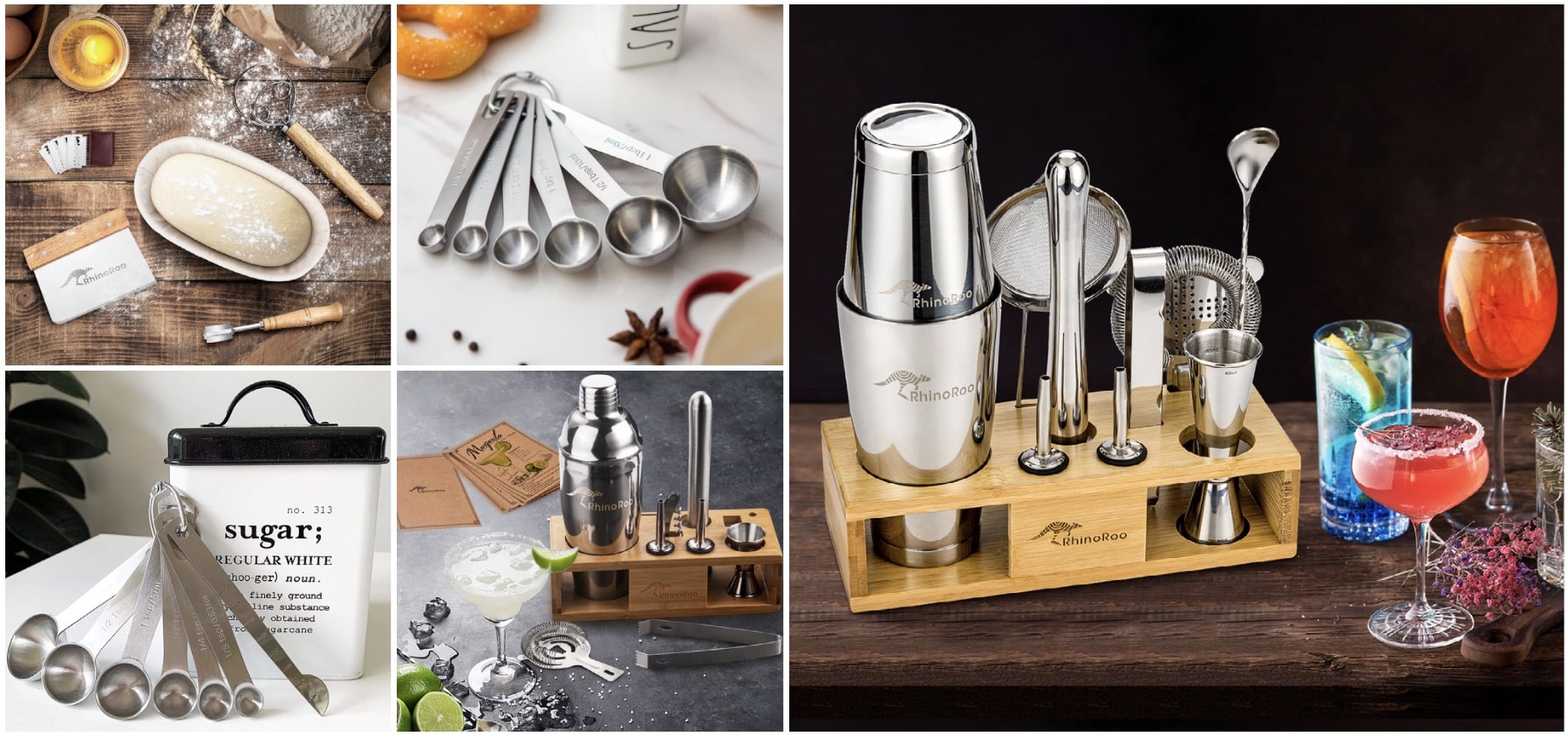 RhinoRoo Product Collection - Cocktail Shaker Sets, Bread Proofing Basket Kit, Measuring Spoons